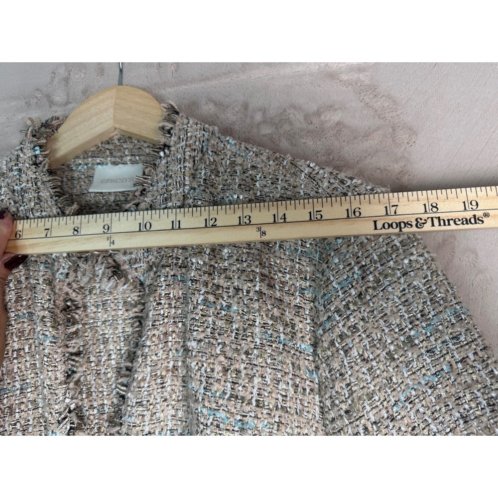 Chico's Tweed Fringe Topper Jacket Women Size 3 XL Beige Gold Open Front Coat - Picture 5 of 11